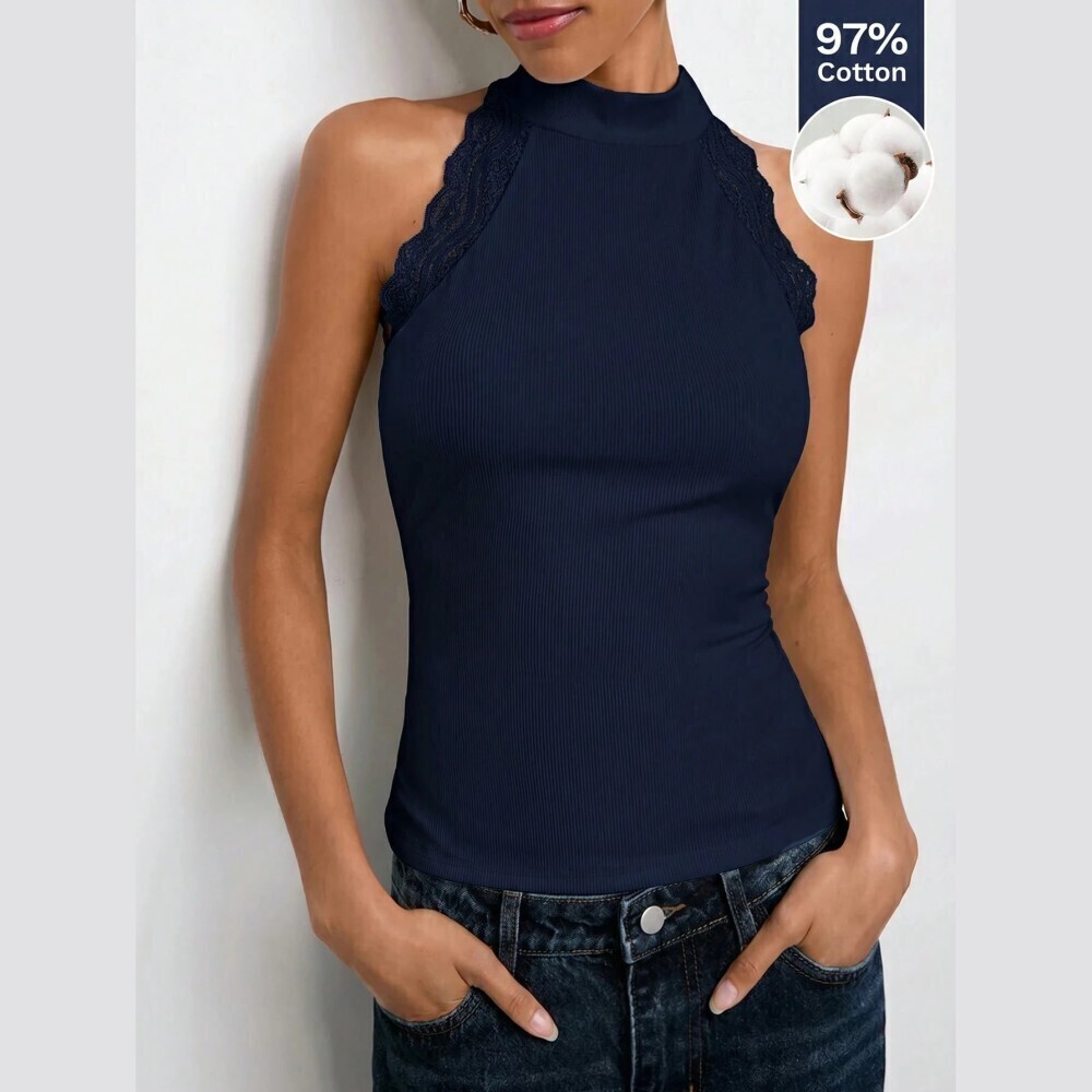 Navy Ribbed Knit Lace Trim Mock Neck Halter Tank Top